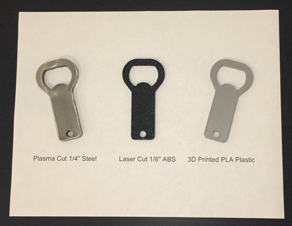 A good example of the prototyping process, moving from 3D printed material, to ABS plastic, and finally steel for the design of the bottle opener.